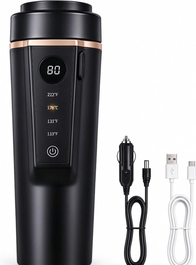 Auto reis elektrische waterkoker 400 ml beige 12V‑24V 316 roestvrij staal verwarmingsmok variabele temperatuurregeling anti‑mors deksel USB warmhoudbeker voor thee en koffi（zwart）