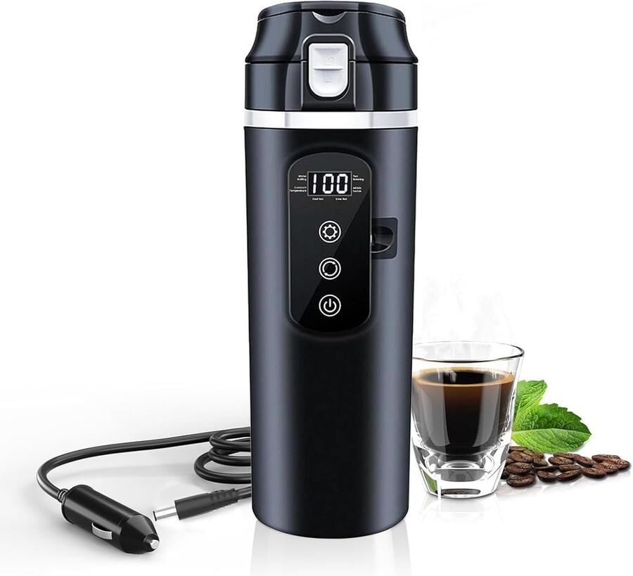 Auto waterkoker Reis waterkoker 500 ml 12V 24V Roestvrij Met beeldscherm Instelbare temperatuur Automatische uitschakeling Lekpreventie Temperatuurweergave Sigarettenaansteker Geschikt voor kleine auto's Zwart