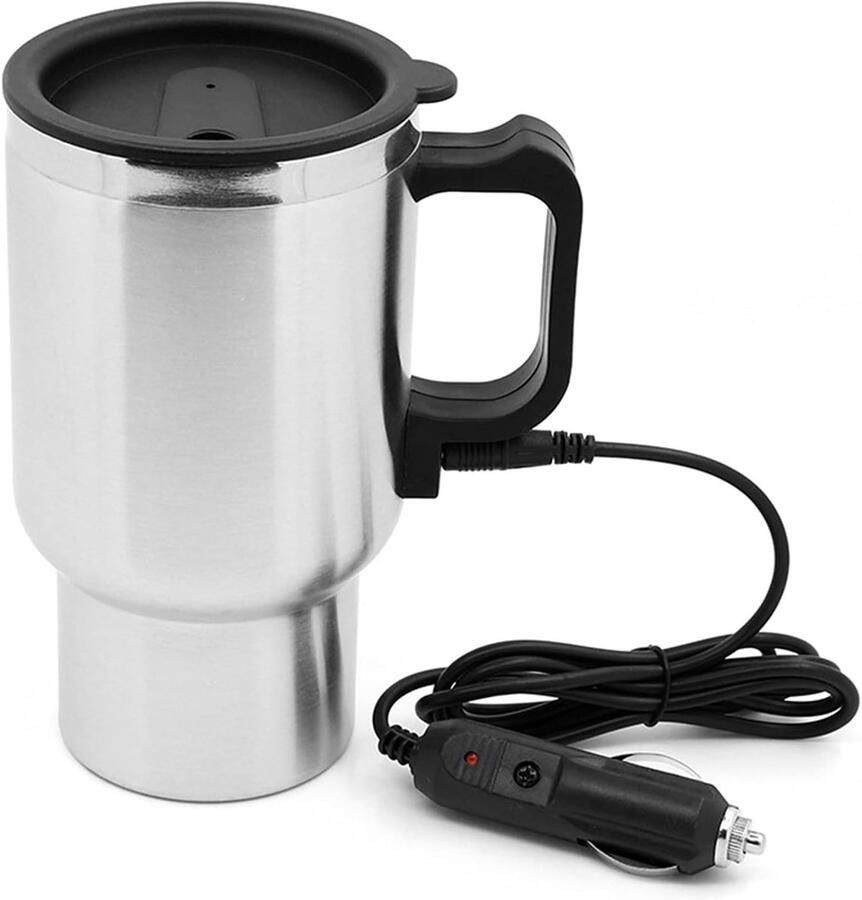 Elektrische waterkoker voor in de auto – gemaakt van roestvrij staal met een 12V-aansluiting voor de sigarettenaansteker in de auto kan water thee koffie en melk verwarmen en is voorzien van een indicatielampje
