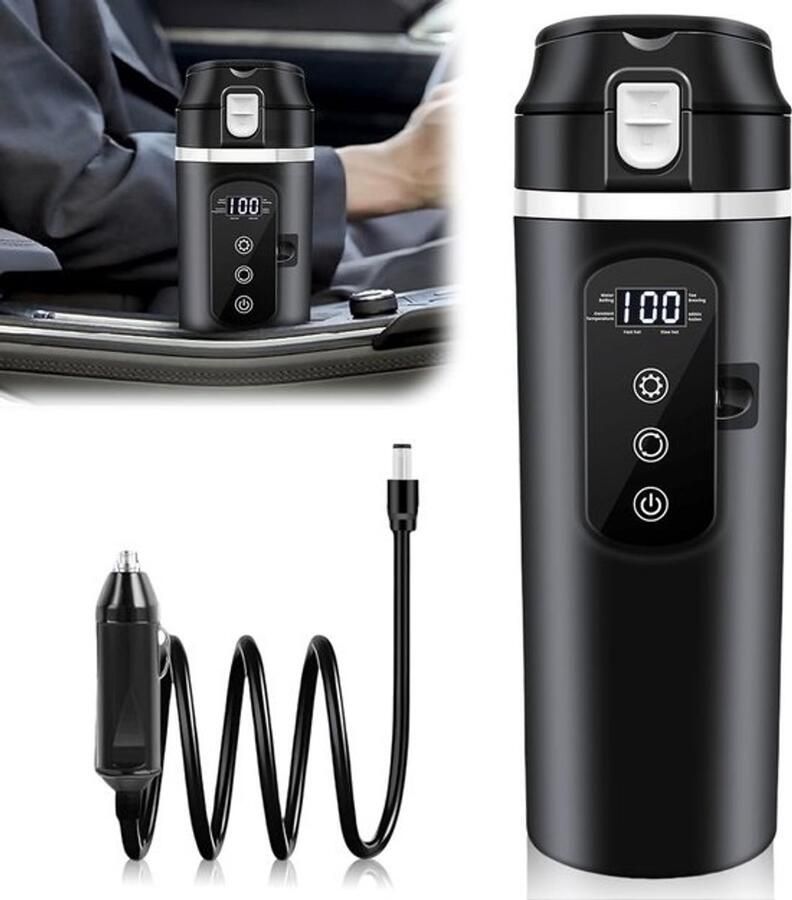 Autoketel LCD Reisbeker Verwarming Onderweg Drankjes Instelbaar Vermogen 500 ml Zwart