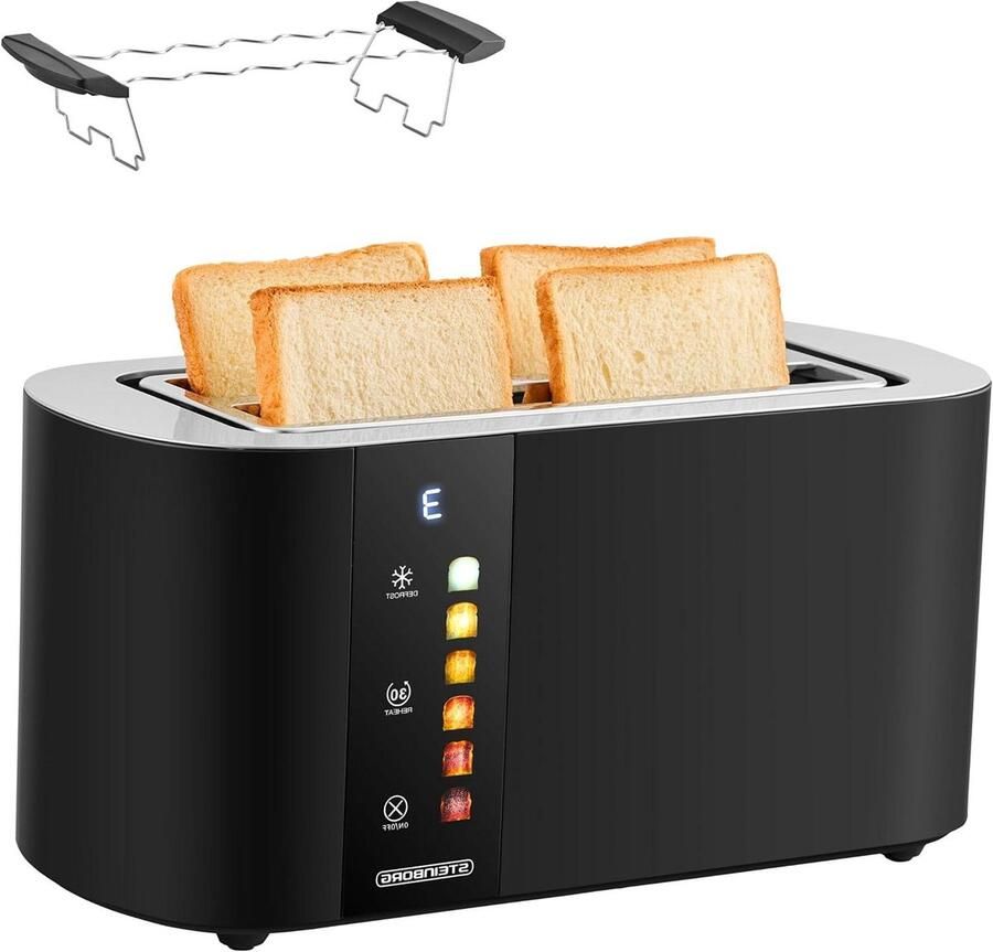 Automatische Broodrooster Lange Sleuf Ontbijt Bereiden Cool Touch Design 4 Sneetjes Zwart