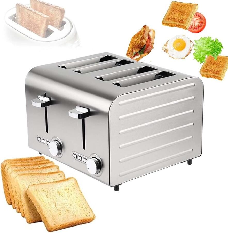 Automatische Broodrooster Pop-up Toaster RVS Snel Ontbijten Individuele Slot Controle 6 Slots Zilver
