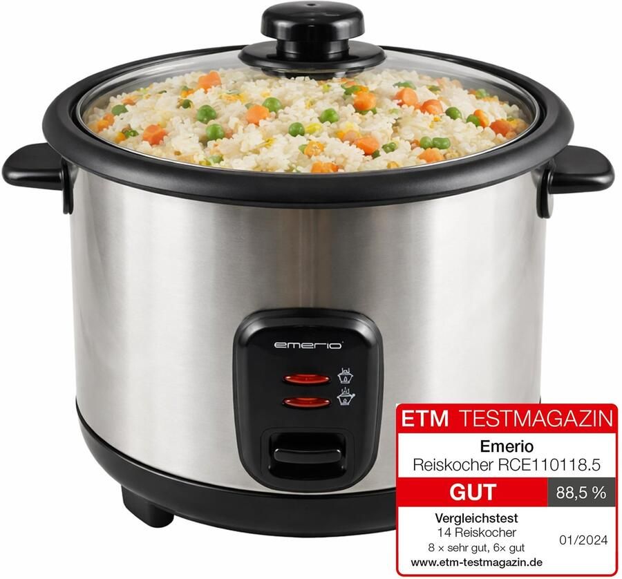 Automatische eco rijstkoker BPA vrij met 1 5L volume warmhoudfunctie auto off antiaanbaklaag glazen deksel incl. rijstlepel + maatbeker slowcooker 500 watt RVS