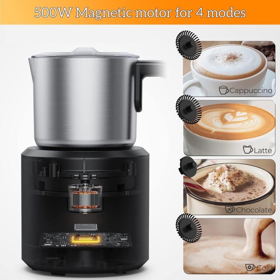 Automatische elektrische melkopschuimer met 4 functies voor warme melk en cappuccino + afneembare roestvrijstalen beker 500 ml vaatwasmachinebestendig