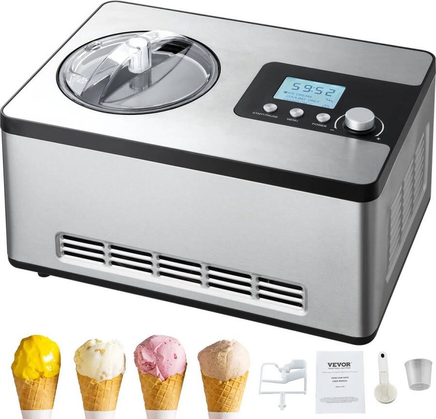 Automatische Ijsmachine – 2 liter – Met ingebouwde compressor – Zonder voorvriezen – LCD-display – 180W – Voor ijs sorbet en yoghurt – Stil