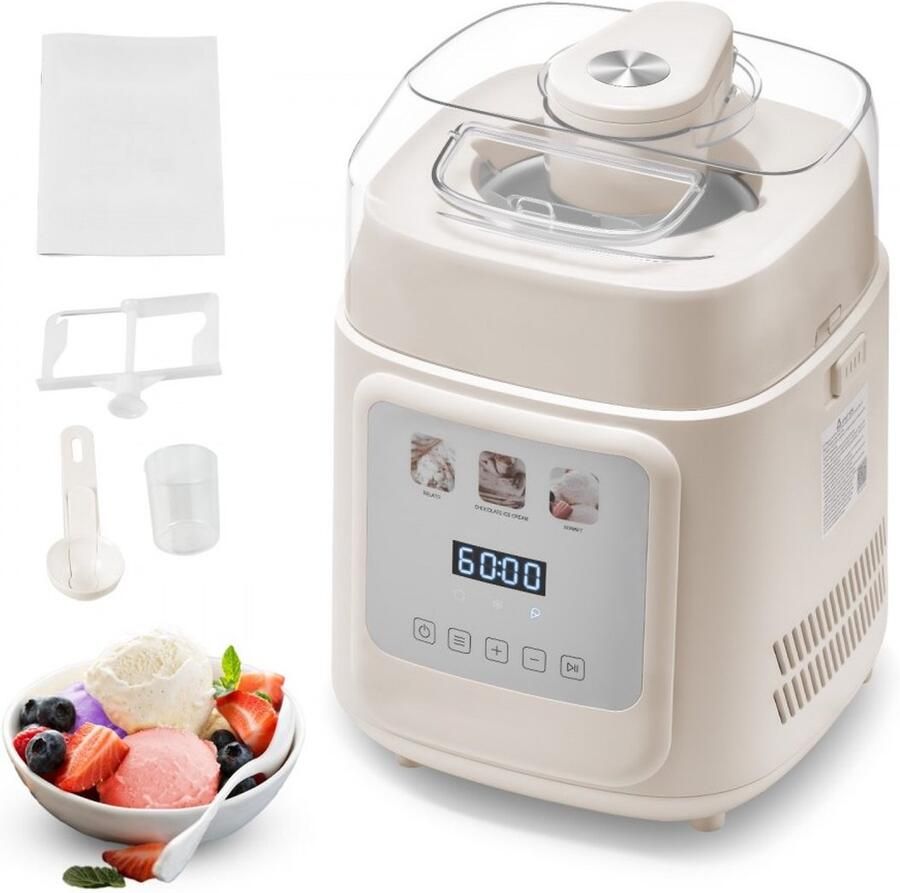 Automatische IJsmachine Met Ingebouwde Compressor 1 Liter Inhoud Zonder Voorvriezen 4 Programma's Gelato Roomijs Sorbet Frozen Yoghurt Wit