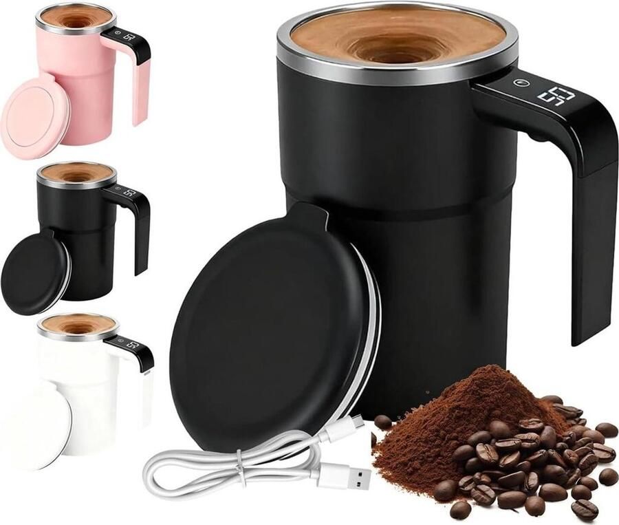 Automatische koffiemok van 380 ml met roerfunctie magnetische automatische roerfunctie temperatuurweergave en deksel (zwart)