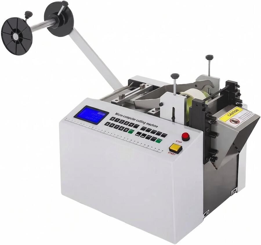 Automatische Krimpkous Snijmachine PVC Buissnijder Kabel Tape Lint Riem Snijder 350W Krachtige Motor 100mm Snijbreedte 0 1 tot 9999 9mm Instelbare Snijlengte LCD Display Microcomputerbesturing Roestvrij Staal 220V