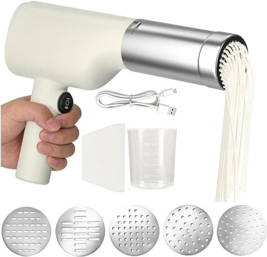 Automatische Pastamaker met 5 Persmallen Draagbare Elektrische Noodle Maker voor Thuis Reizen en Picknicks Ideaal voor Verse Pasta en Gemakkelijke Bereiding