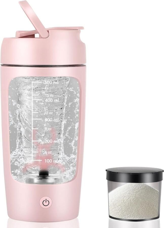 Automatische roerbeker 650 ml automatische koffie- milkshakemaker USB oplaadbaar met geïntegreerde poedercontainer geschikt voor sport en fitness (roze)
