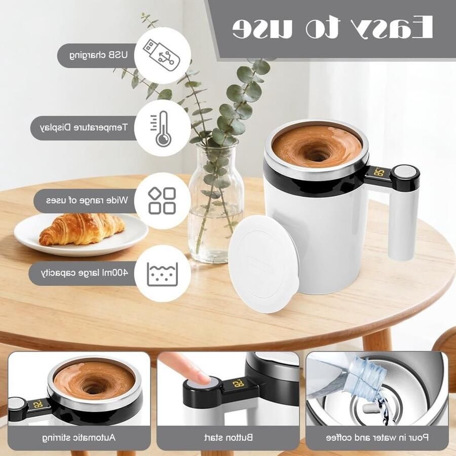 Automatische roestvrijstalen koffiemok met temperatuurweergave 380 ml elektrische roermok voor koffie melk en andere dranken magnetische mixer voor perfect gemengde dranken