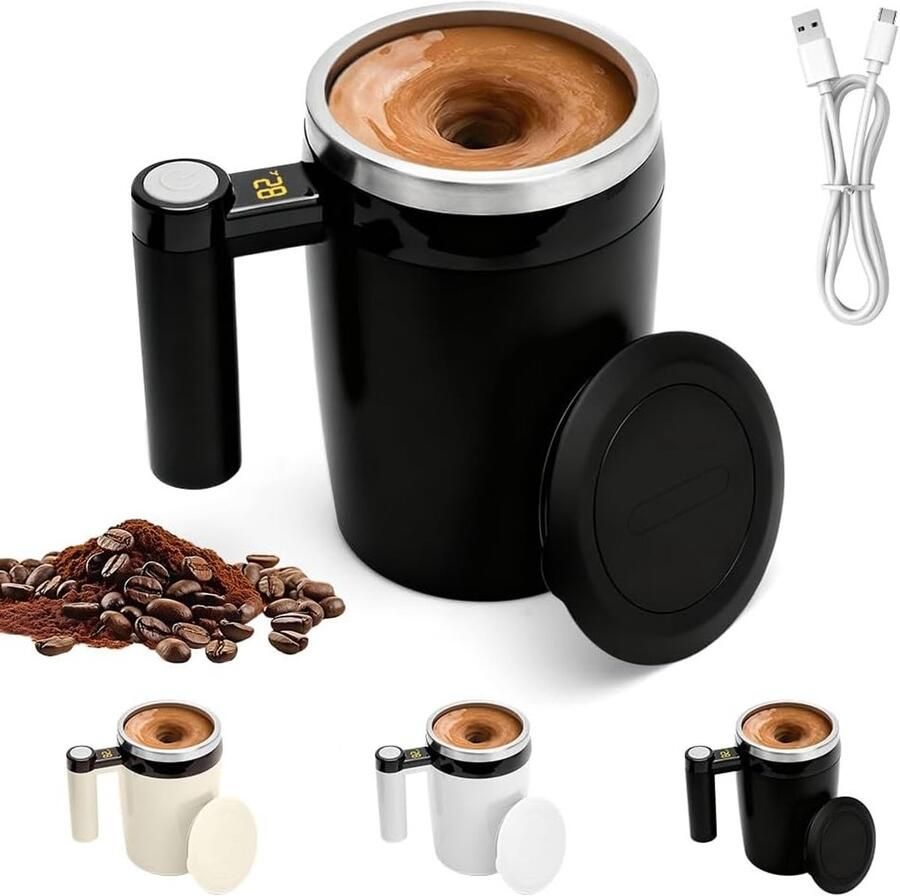 Automatische roestvrijstalen koffiemok met temperatuurweergave 380 ml ideaal voor koffie melk en andere dranken met magnetische mixer en elektrische functie - Foto 1