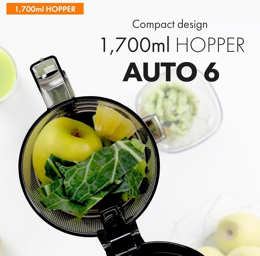 Automatische slowjuicer met zelfsnijdend systeem voor heel fruit en groenten