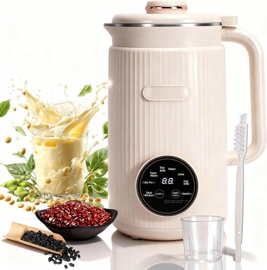Automatische Sojamelkmachine 8 in 1 Notenmelkmaker met 12 Messen Temperatuurregeling Warm Houden 1 2 Liter Capaciteit 800 W Vermogen voor Latte Cappuccino-soep (Beige)