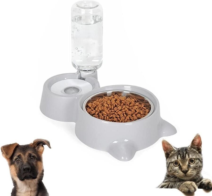 Automatische voer- en waterdispenser voor honden en katten 500 ml drinkfles ideaal voor kleine en middelgrote huisdieren grijs