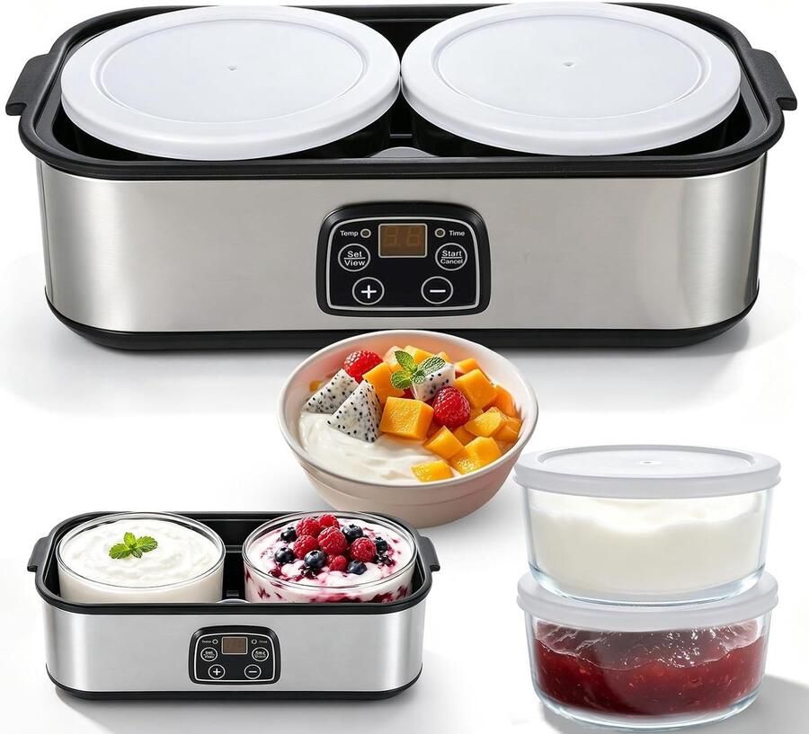 Automatische yoghurtmaker met instelbare temperatuur timer en 2 glazen containers voor biologische yoghurt zuivelen en kaas maken