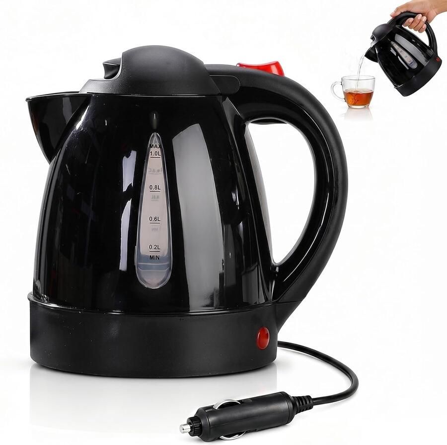 Autowaterkoker 1 liter 12V 150W draagbare reiskoker met sigarettenaansteker aansluiting geschikt voor auto SUV vrachtwagen en camper voor reizen en camping