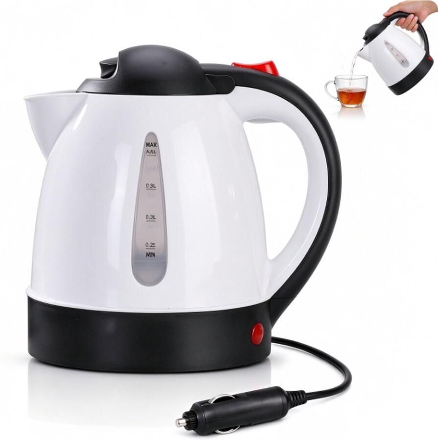 Autowaterkoker 1 liter 12V 150W draagbare reiskoker met sigarettenaansteker aansluiting geschikt voor auto SUV vrachtwagen en camper voor reizen en camping（Wit）