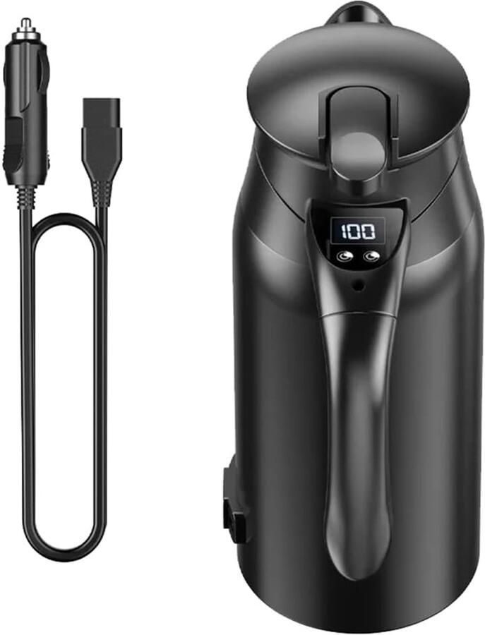 Autowaterkoker 12V 24V – Draagbare roestvrijstalen waterkoker met LED-temperatuurweergave – 800 ml inhoud – Dubbelwandig 304 roestvrij staal – Snel verwarmen voor reizen en kamperen – Automatische uitschakeling & droogkookbeveiliging – Zwart