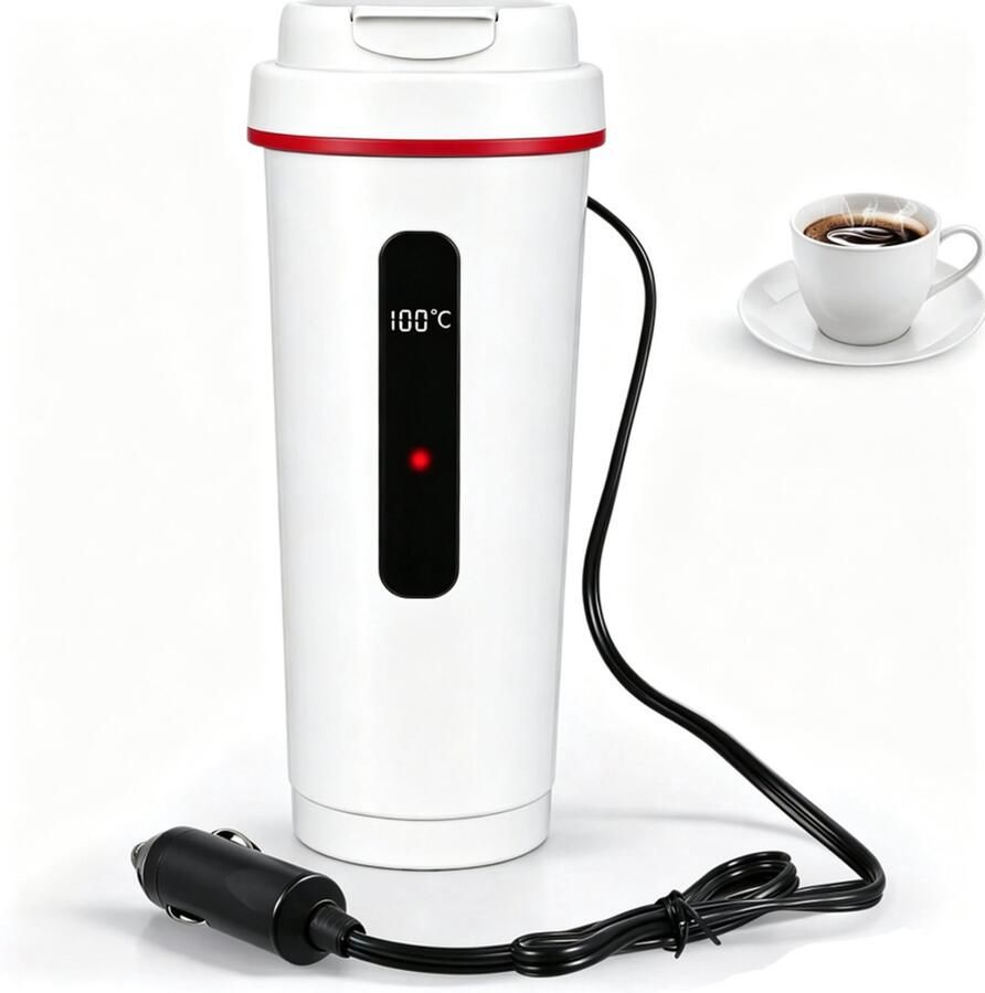 Autowaterkoker 500 ml 12V 24V draagbare verwarmingsmok van 316 roestvrij staal LCD‑temperatuurweergave reiswaterkoker voor auto en vrachtwagen(Wit)