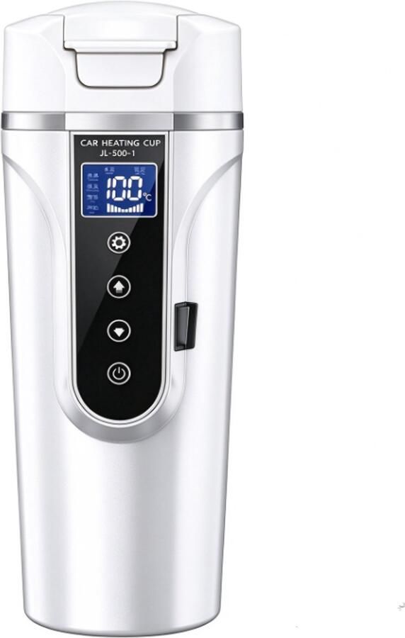 Autowaterkoker 500 ml reisbeker 12V 24V elektrische verwarmde waterbeker met LCD‑scherm en temperatuurregeling geschikt voor auto en vrachtwagen（Wit）