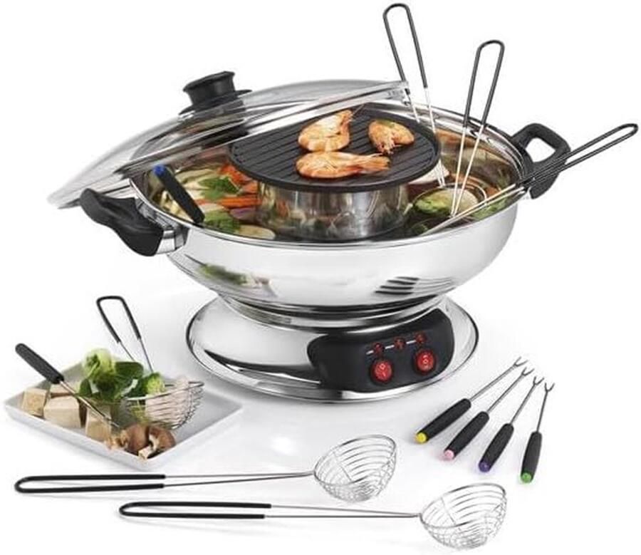 Aziatische fondue Elektrische fondue Gezellig tafelen Met grill functie 6 personen Zilver