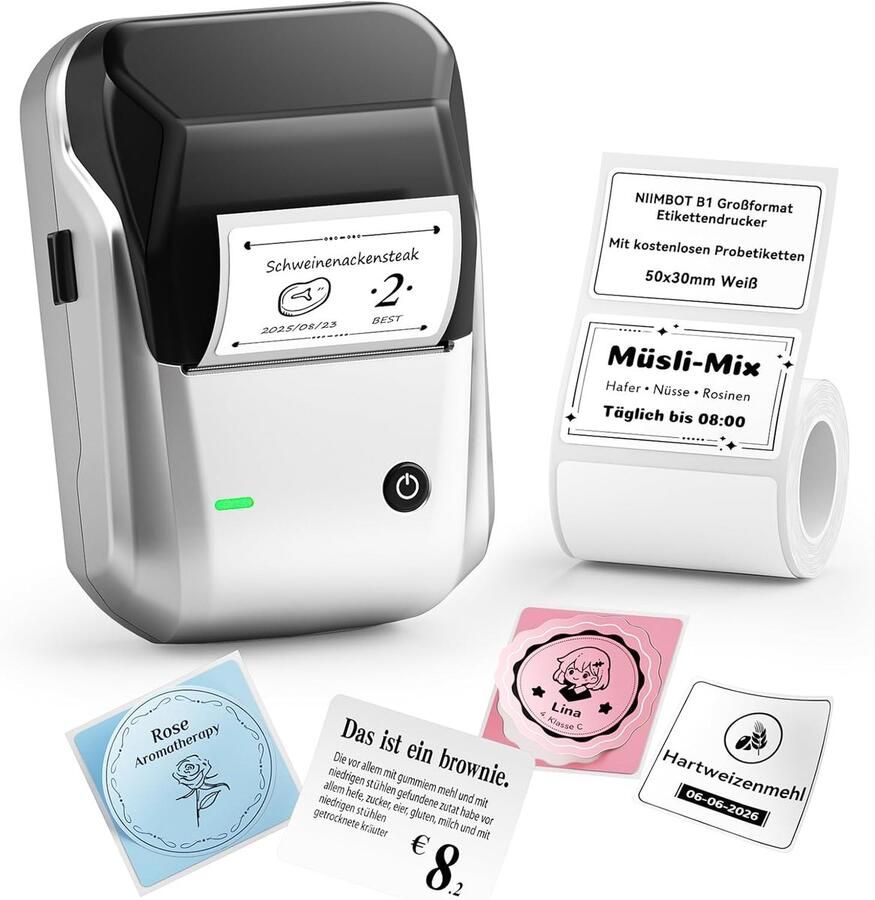 B1 labelprinter met 1 Rol Zelfklevende Labels zilver voor Kleine Bedrijven School Thuis Logo Adres Kantoorbenodigdheden Compatibel met Mobiele Telefoons en pc s