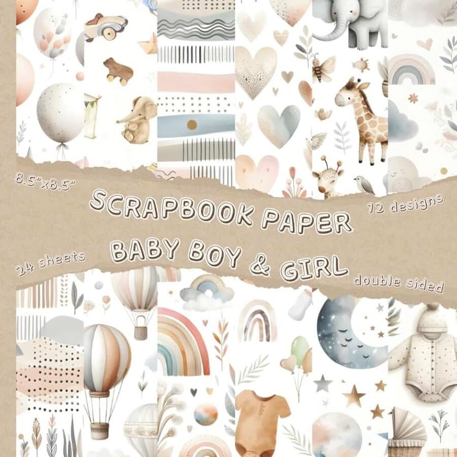 Baby Gender Neutral in Soft Watercolors: Double sided baby gender neutral themed scrapbook paper with 12 designs and 24 sheets. Size 8.5” x 8 5”