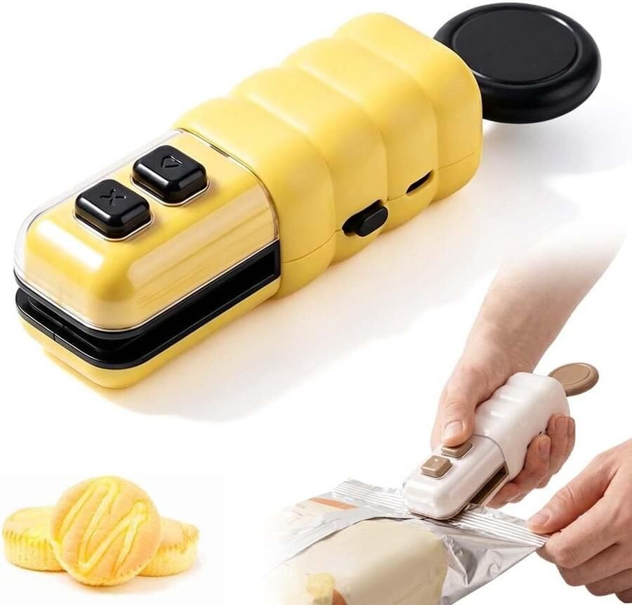 Bag Sealer Klein Draagbare Mini-Sluitmachine Draagbare Sluitmachine 2-In-1 Sealer en Snijder Handheld Sluitmachine Zak Sealers Met Magneet Oplaadbaar Ontwerp Voor Het Vers Houden Van Plastic Zakken Voedsel en Snacks Geel