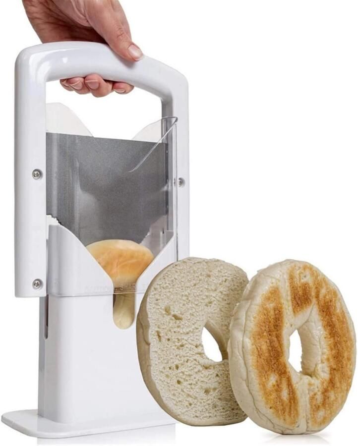 Bagelsnijder Broodsnijder met veiligheidshandvat Roestvrijstalen snijder Universele snijder Gebruiksvriendelijke keukensnijder in guillotine-stijl Draagbare brood muffin en bagelsnijder 9.5x17.5x22 5 cm Wit
