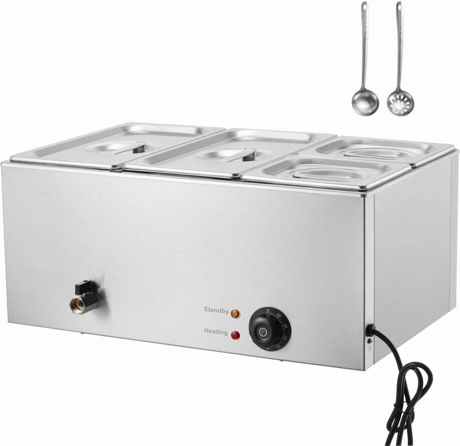 Bain-Marie CommerciëLe Voedselwarmer 15 5 L 4 Pannen 1200 W Elektrische Buffetschep Roestvrij Staal Temperatuurregeling 30-80 °C Werkblad Horeca-Apparatuur voor Restaurants Zilver