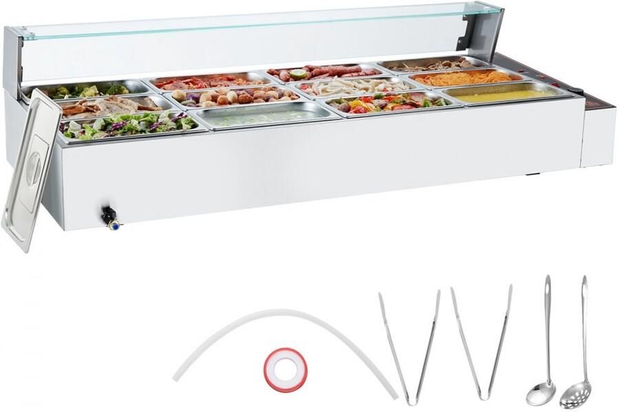 Bain-Marie Voedselverwarmer Commerciële Elektrische Buffet Stoomtafel Capaciteit 12 x 4 7 L Vermogen 1700W Thermostaat 30–85°C RVS Glazen Deksel