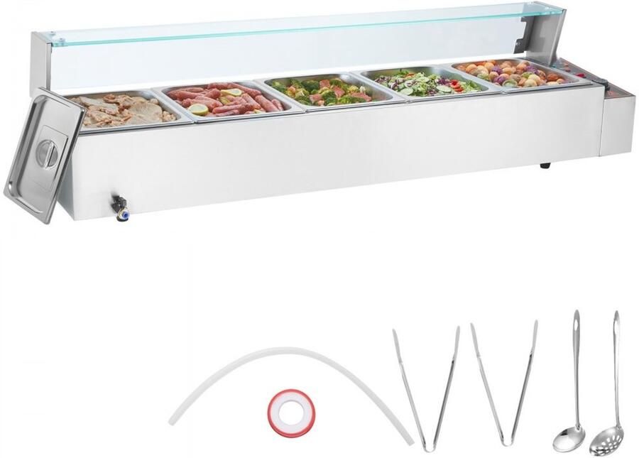Bain-marie Voedselverwarmer Elektrische Buffet Warmhoudbak Met 5 Bakken Vermogen 1500 W Temperatuur 30-80°C Professioneel RVS Voor Catering & Feesten