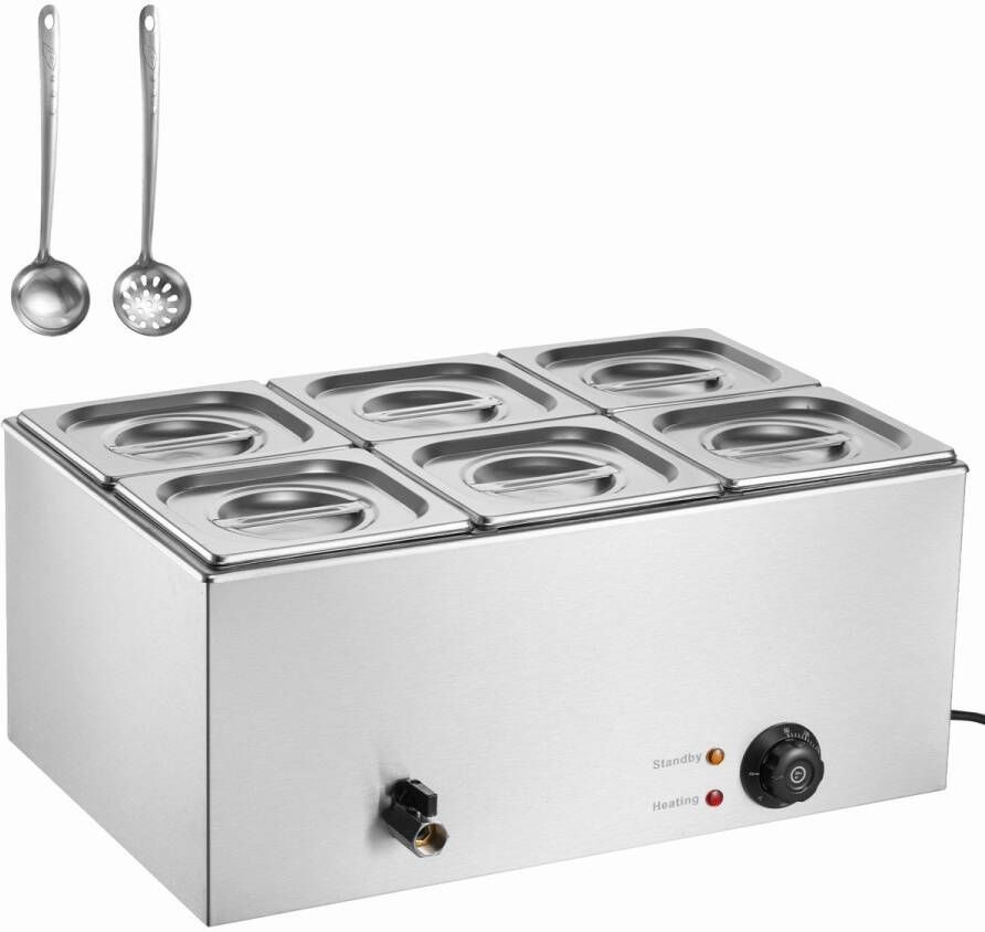 Bain-Marie Voedselwarmer 15 L，4 Pannen 1200 W Roestvrijstalen Buffetstoomtafel met Temperatuurregeling 30-80 °C Catering en Restaurants Zilver