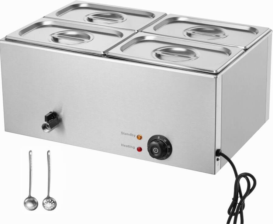 Bain-Marie Voedselwarmer 15 L，4 Pannen 1200 W Roestvrijstalen Buffetstoomtafel met Temperatuurregeling 30-80 °C Catering en Restaurants Zilver