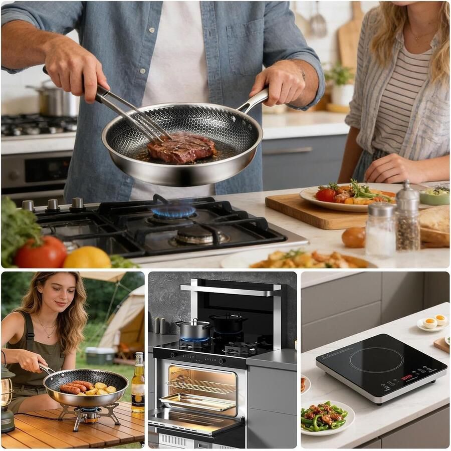 Bak- en braadpan Keukenpan Inductie Veelzijdig Koken Gelijkmatige Warmteverdeling 28 cm Zilverkleurig