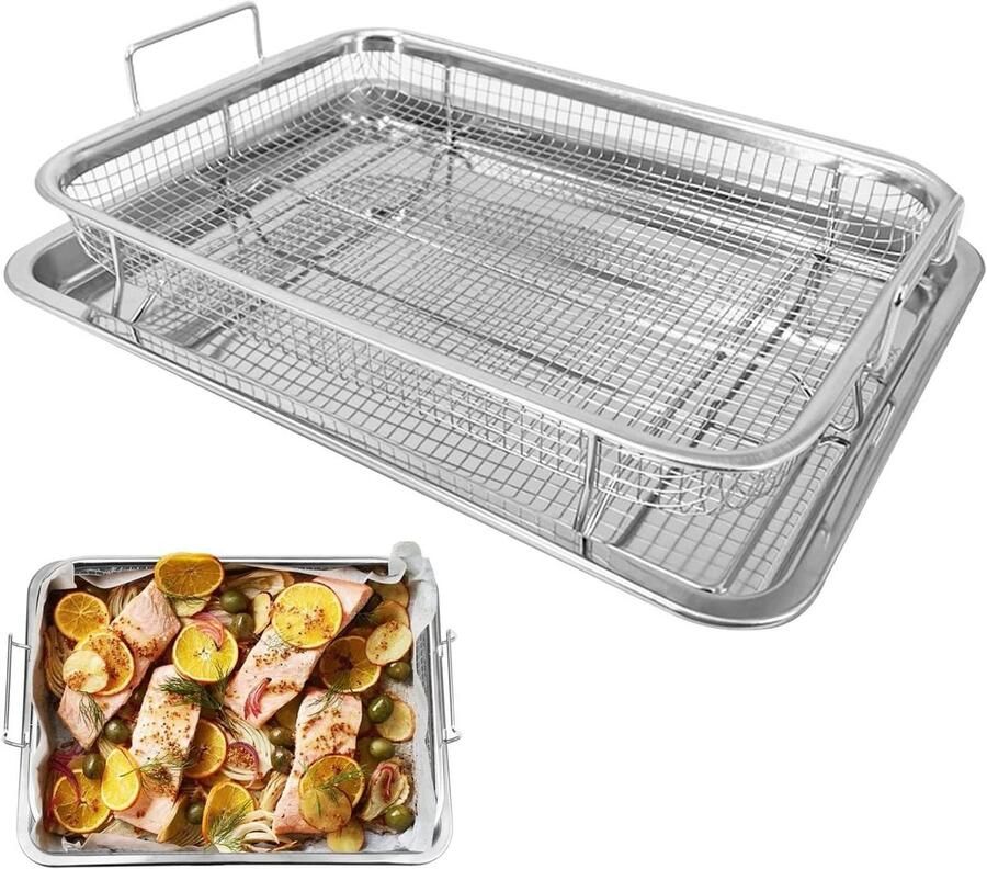 Bakplaat Rooster Set Airfryer Accessoires Gezond Bakken Dubbele Handgrepen 30x22 cm Zilver