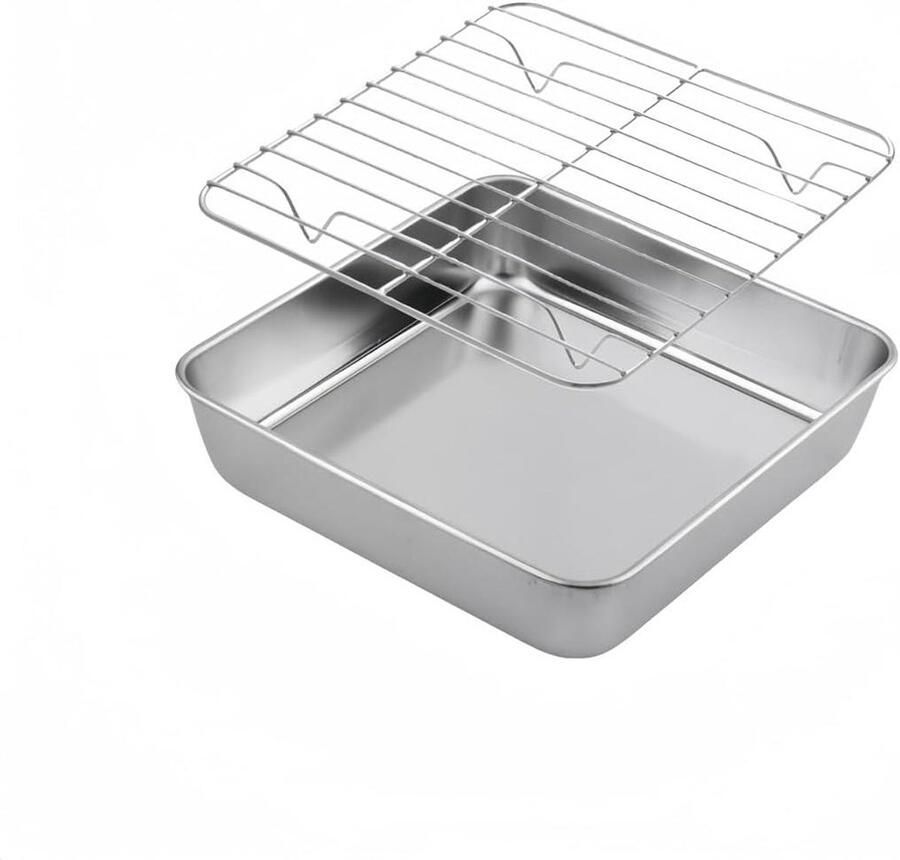 Bakpan met rek Roestvrij staal Oven Gerechten Complete set 24x24x5 cm Zilver