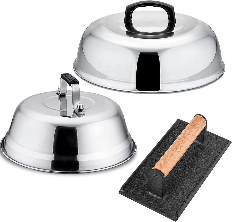 Bakplaat Accessoires Set Grill Hulpmiddelen Lekker Koken 3 Delig Inclusief Pers 3 Maten Koepels Zilver