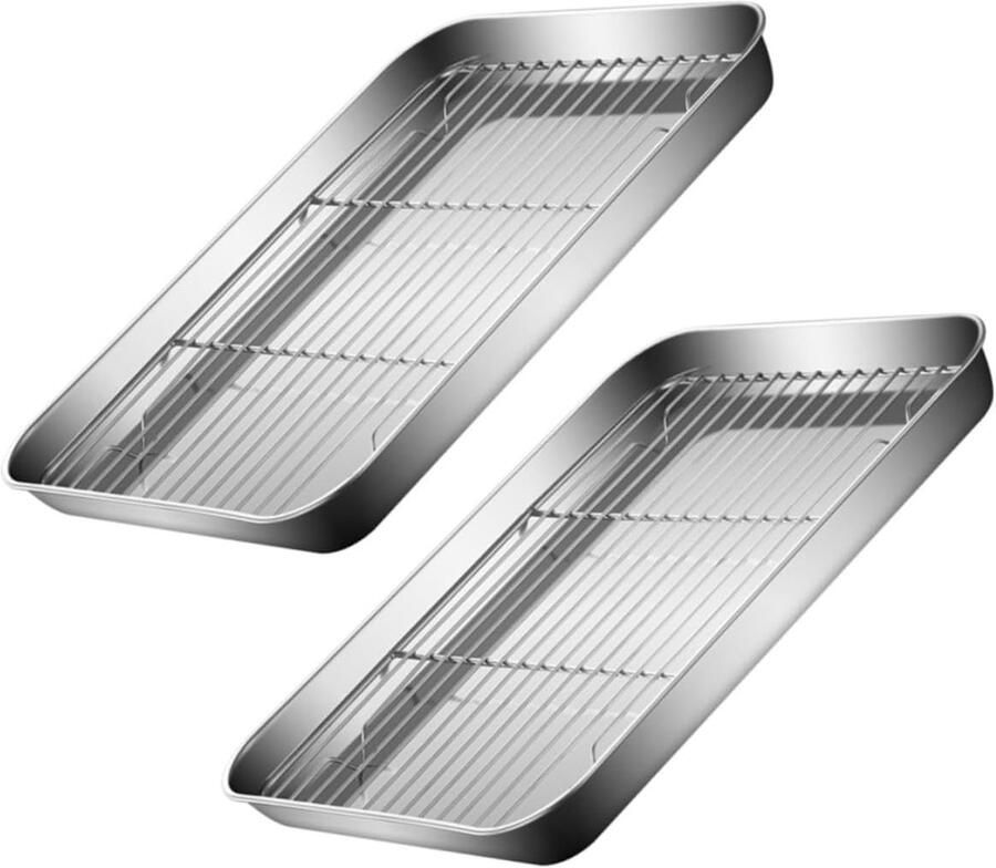 Bakplaat Afvoerrek Sets Koelrek Opbergtray Bakken en Koelen Antislip Onderkant 23x17x2.5cm Zilver