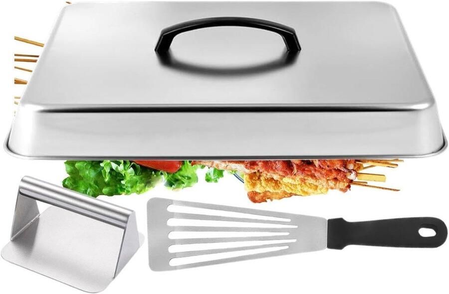 Bakplaat Dome Grill Deksel Gelijk Koken Met Vleespers 28x22x10.5cm Zilver
