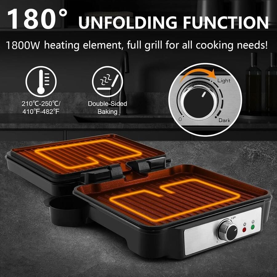 Bakplaat Electrisch Roestvrij Staal 32 x 31 cm Temperatuurregeling Voor Grillen en Panini's