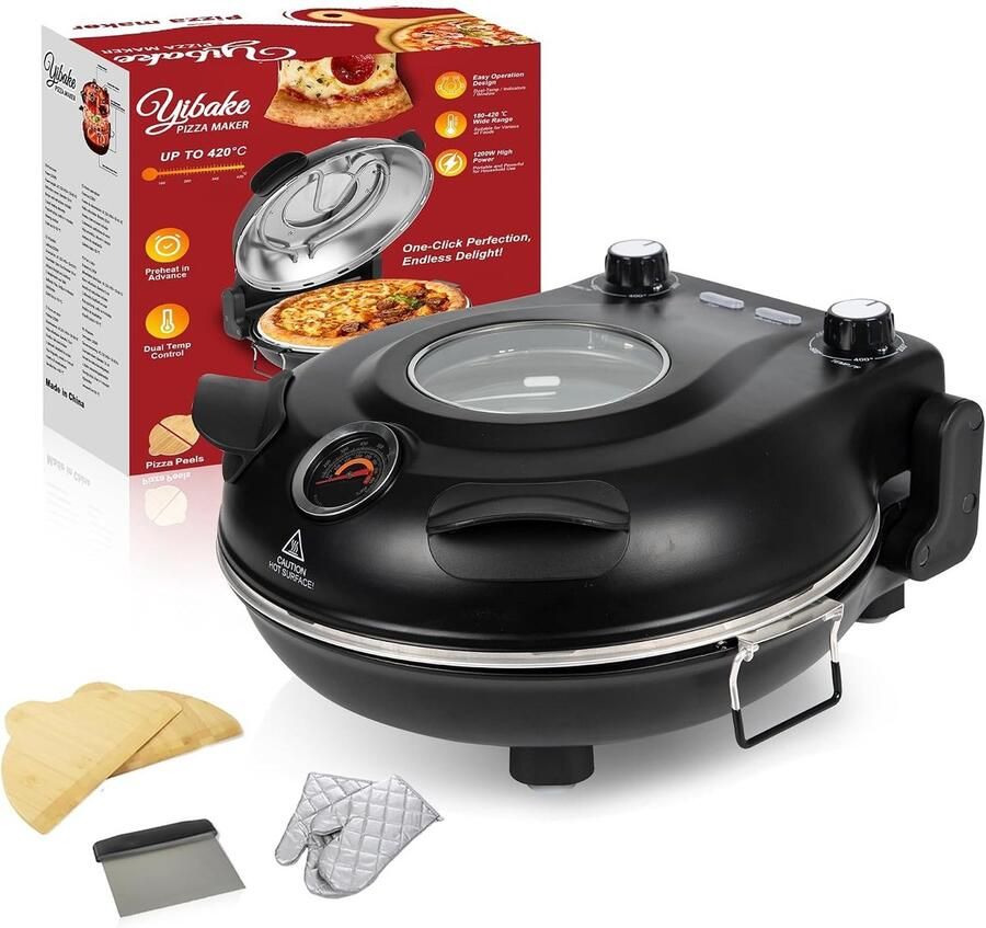 Elektrische Pizzaoven 1200W Pizzamaker tot 420°C met 32 cm Pizzasteen Pizza in ca. 4 Minuten Boven- en Onderwarmte Regelbaar Met Thermometer en Kijkvenster