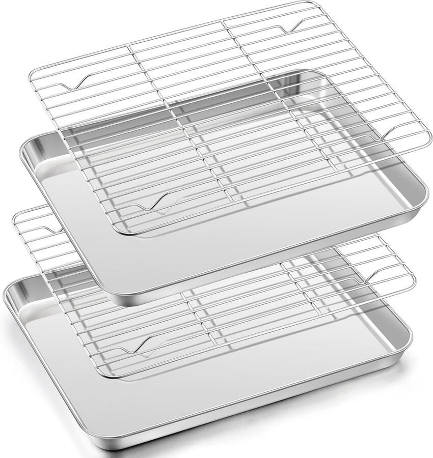 Bakplaat en Afkoelroosterset in Roestvrij Staal 2 Bakplaten en 2 Koelroosters Grote Rectangular Ovenplaat met Rooster