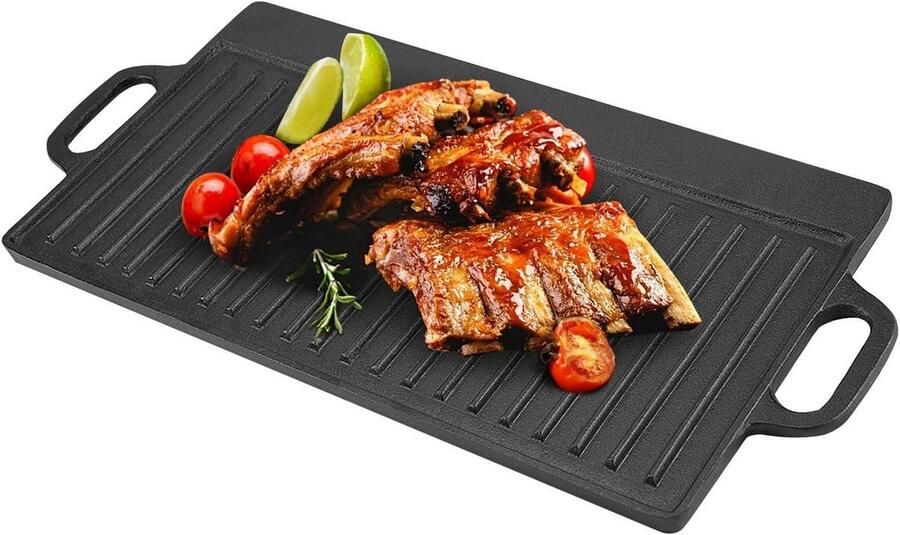 Bakplaat Grill Pan Dubbelzijdig Plaat Koken en Bakken Antiaanbak Gietijzer 50 x 23 cm Zwart