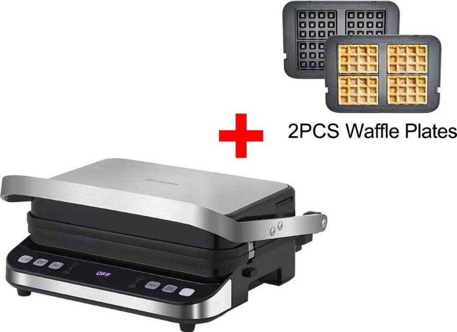 Bakplaat Grill plaat Panini press 180graden roestvrij staal 2000W 35.5x33.8x16.5cm Tosti apparaat Incl. 2 wafel platen