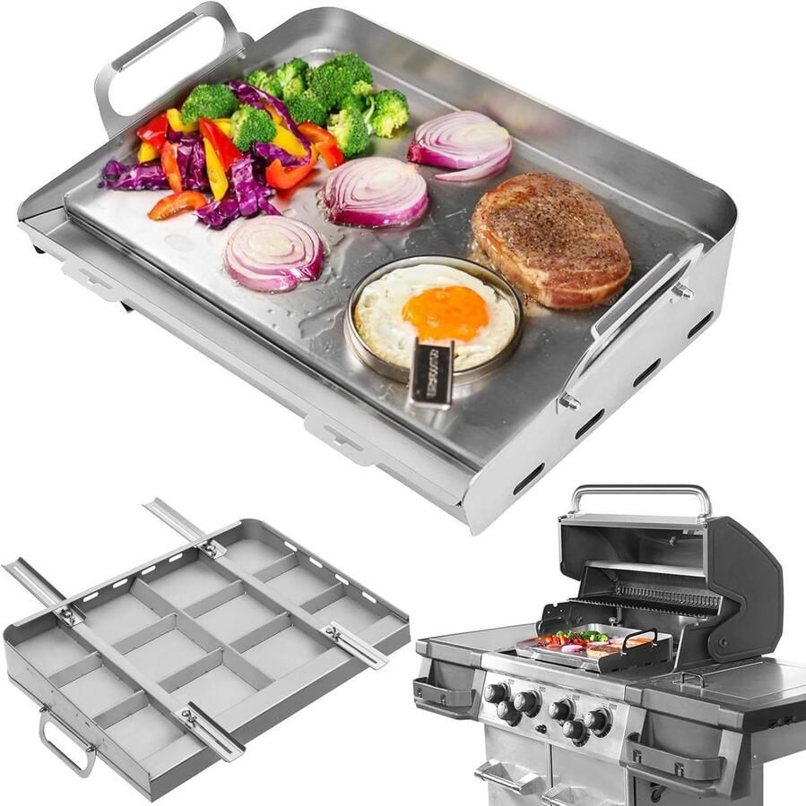 Bakplaat Grill Plancha Grillplaat Buiten Koken Verstelbare Steunen 59.94 x 42.93 cm Zilver