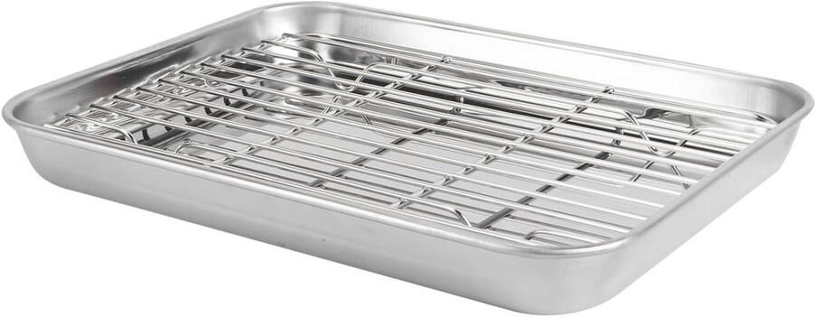 Bakplaat Koelrooster Set Ovenblad Bakrek Bakken en Koelen Vaatwasmachinebestendig 23.5x17.8x2.5cm Zilver
