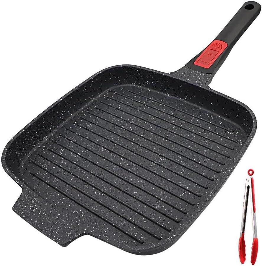 Bakplaat met afneembaar handvat 26 cm gegoten aluminium antiaanbakpan voor inductiekookplaat zwart Vierkante grillpan van aluminium met antiaanbaklaag; geschikt voor inductie en met afneembare handgreep