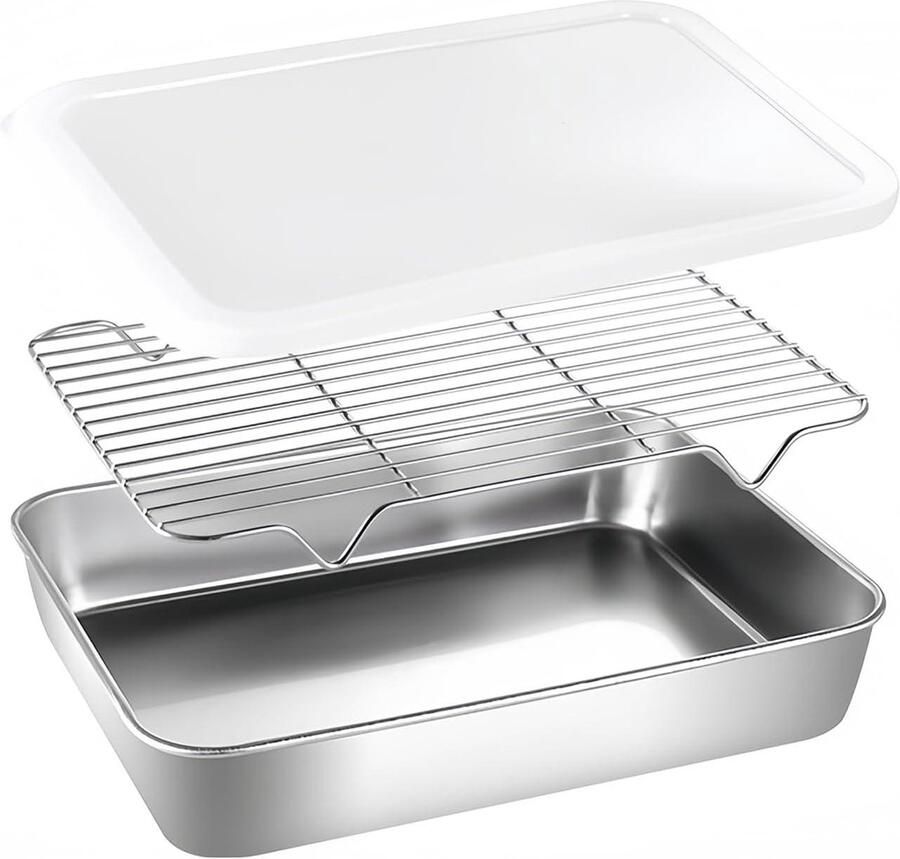 Bakplaat met deksel Koelrooster grill Oven bakken en braden Roestvrij staal 31 x 24 cm Zilverkleurig